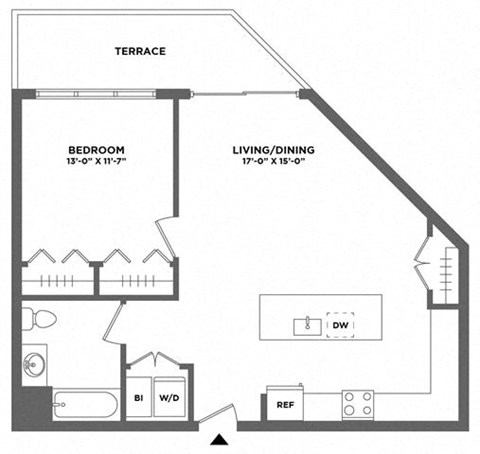 Floor plan for 1 bed, 1 bath, 800 sqft