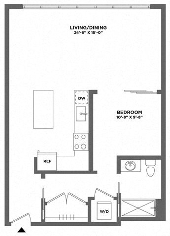 Floor plan for 1 bed, 1 bath, 827 sqft