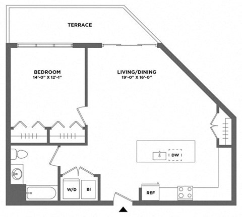 Floor plan for 1 bed, 1 bath, 892 sqft