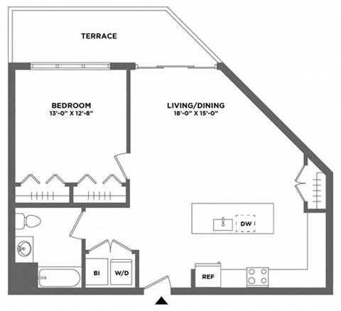 Floor plan for 1 bed, 1 bath, 845 sqft