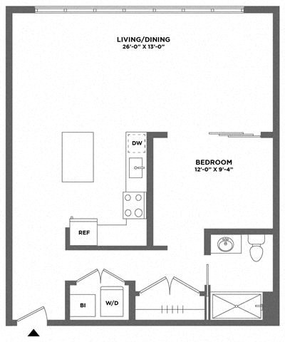Floor plan for 1 bed, 1 bath, 858 sqft