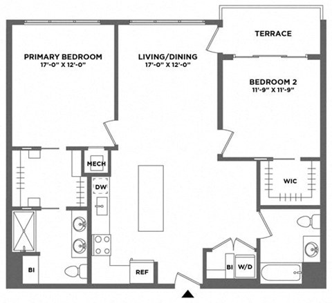 Floor plan for 2 beds, 2 baths, 1155 sqft