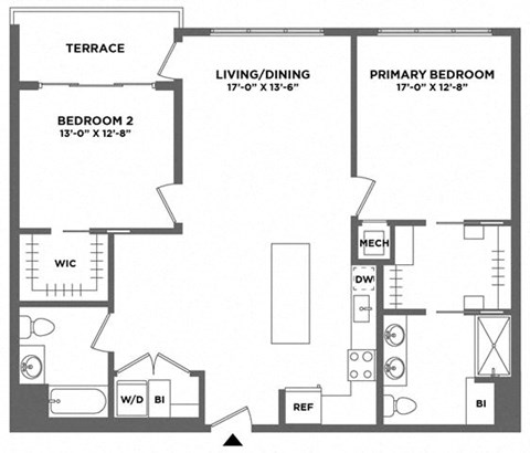 Floor plan for 2 beds, 2 baths, 1222 sqft