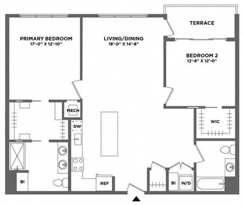 Floor plan for 2 beds, 2 baths, 1275 sqft