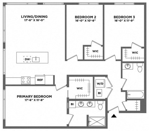 Floor plan for 3 beds, 2 baths, 1462 sqft