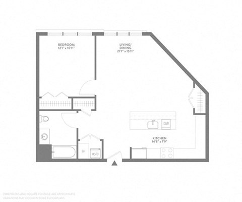 Floor plan for 1 bed, 1 bath, 775 sqft