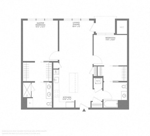 Floor plan for 2 beds, 2 baths, 1161 sqft