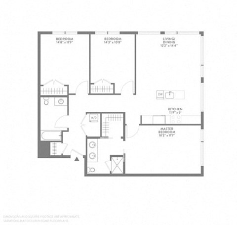 Floor plan for 3 beds, 2 baths, 1342 sqft