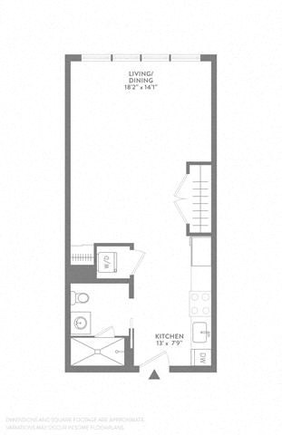 Floor plan for studio, 1 bath, 477 sqft