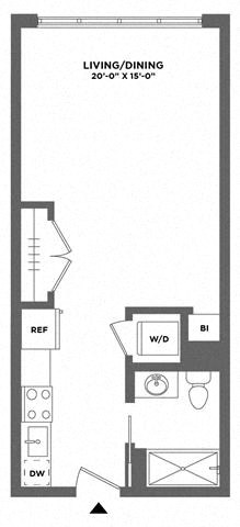 Floor plan for studio, 1 bath, 522 sqft