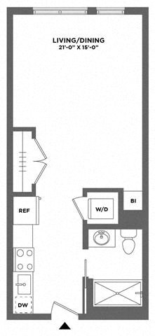 Floor plan for studio, 1 bath, 499 sqft