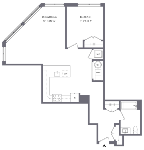 Floor plan for 1 bed, 1 bath, 890 sqft