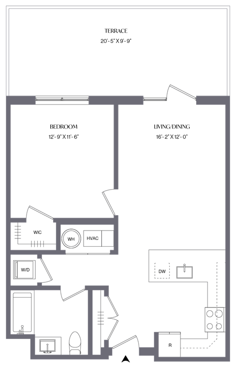 Floor plan for 1 bed, 1 bath, 798 sqft