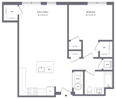 Floor plan for 1 bed, 1 bath, 905 sqft