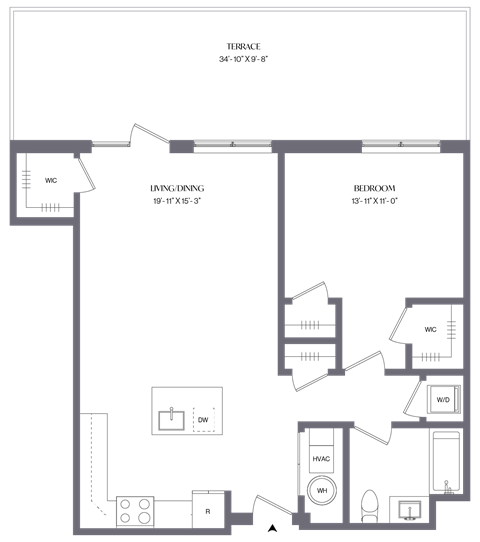 Floor plan for 1 bed, 1 bath, 905 sqft
