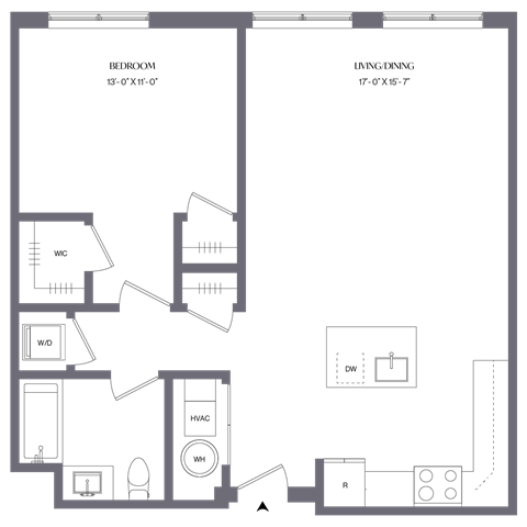 Floor plan for 1 bed, 1 bath, 858 sqft