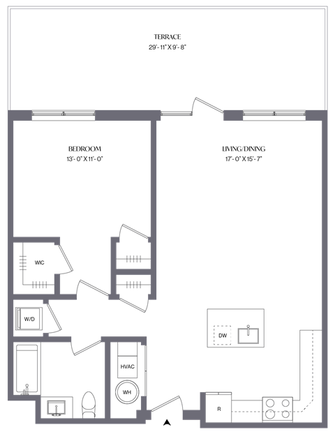 Floor plan for 1 bed, 1 bath, 905 sqft