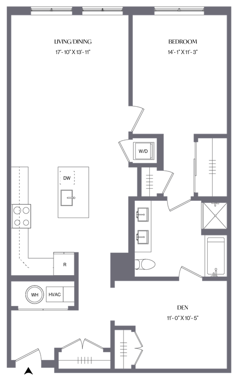 Floor plan for 1 bed, 1 bath, 1127 sqft