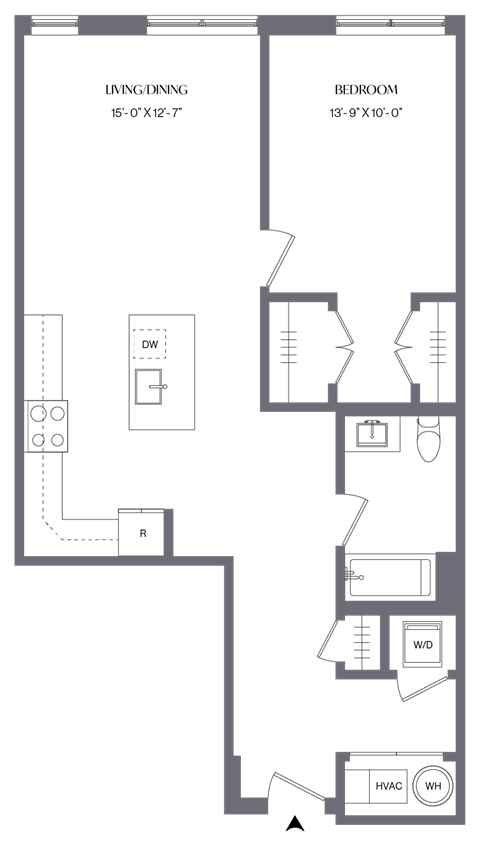 Floor plan for 1 bed, 1 bath, 857 sqft
