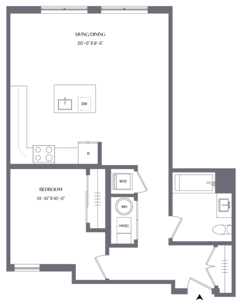 Floor plan for 1 bed, 1 bath, 845 sqft