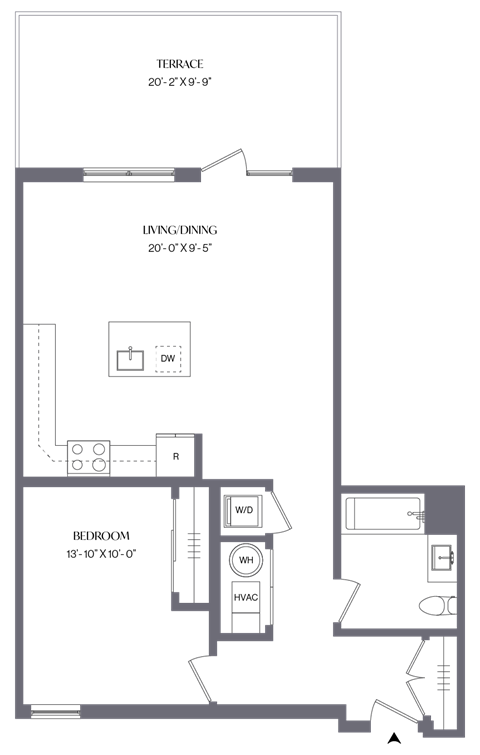 Floor plan for 1 bed, 1 bath, 845 sqft