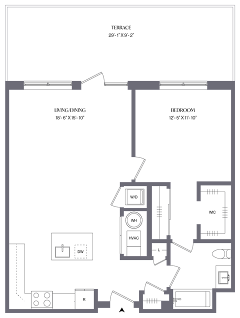 Floor plan for 1 bed, 1 bath, 855 sqft
