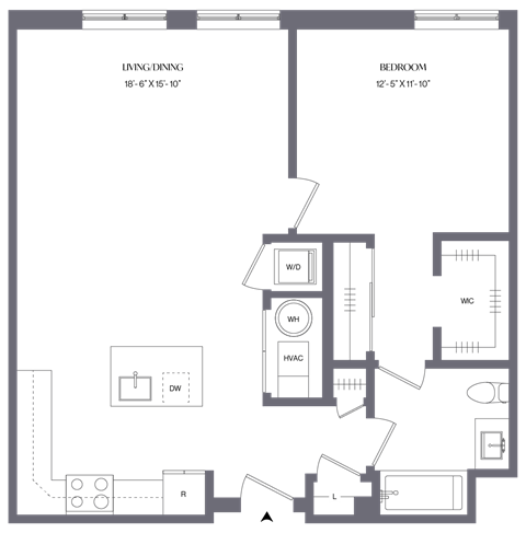 Floor plan for 1 bed, 1 bath, 855 sqft