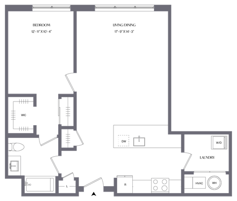 Floor plan for 1 bed, 1 bath, 840 sqft