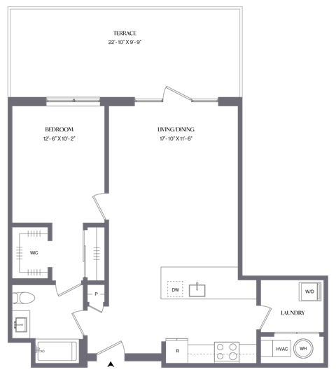 Floor plan for 1 bed, 1 bath, 758 sqft