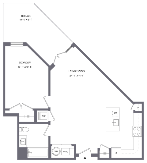Floor plan for 1 bed, 1 bath, 820 sqft