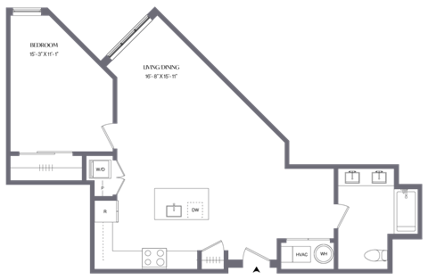 Floor plan for 1 bed, 1 bath, 845 sqft