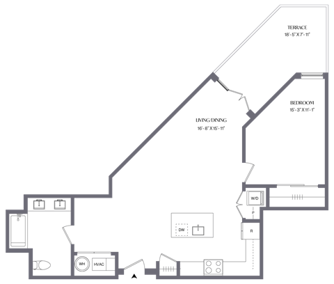 Floor plan for 1 bed, 1 bath, 845 sqft