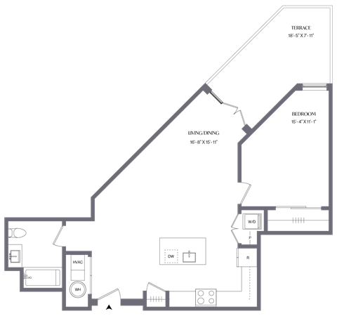 Floor plan for 1 bed, 1 bath, 772 sqft