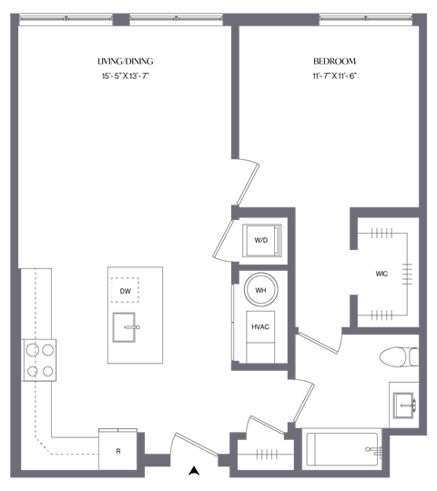 Floor plan for 1 bed, 1 bath, 778 sqft