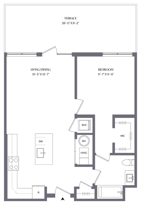 Floor plan for 1 bed, 1 bath, 778 sqft