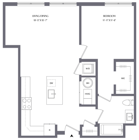 Floor plan for 1 bed, 1 bath, 778 sqft