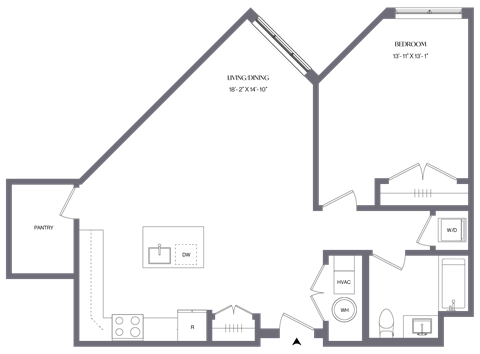 Floor plan for 1 bed, 1 bath, 906 sqft