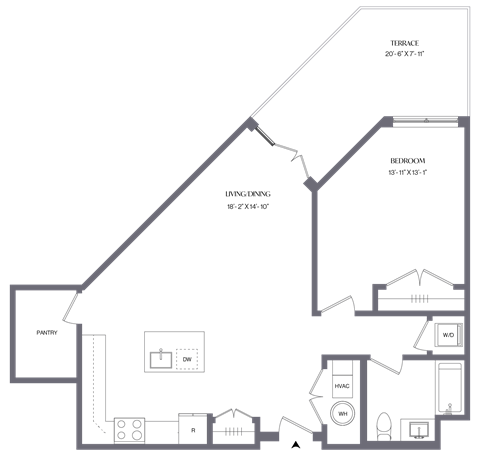 Floor plan for 1 bed, 1 bath, 906 sqft