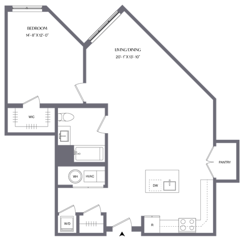Floor plan for 1 bed, 1 bath, 962 sqft