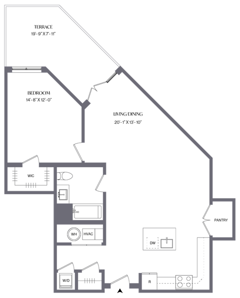 Floor plan for 1 bed, 1 bath, 962 sqft