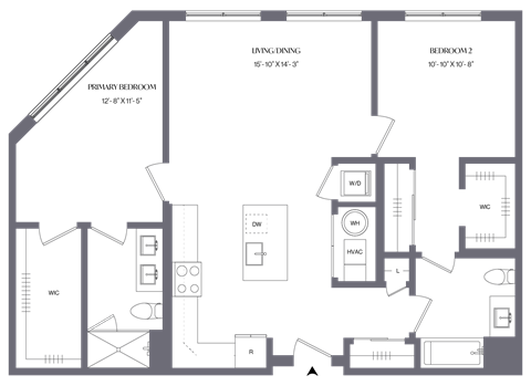 Floor plan for 2 beds, 2 baths, 1073 sqft