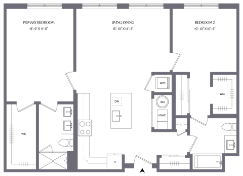 Floor plan for 2 beds, 2 baths, 1110 sqft