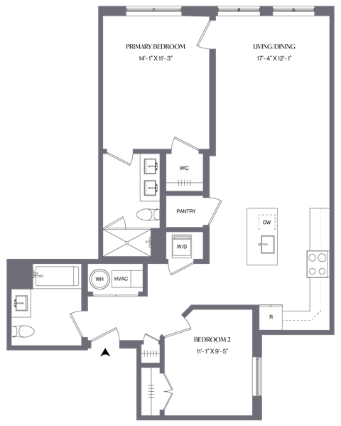 Floor plan for 2 beds, 2 baths, 1060 sqft