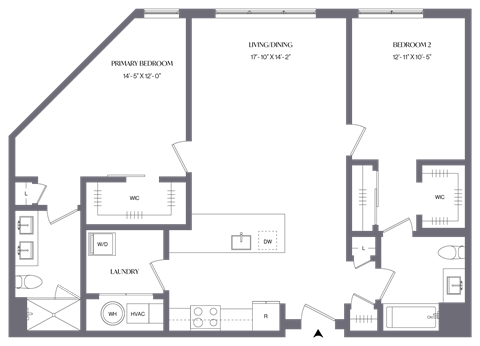 Floor plan for 2 beds, 2 baths, 1157 sqft