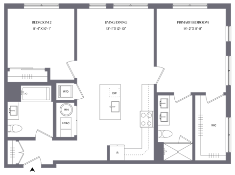Floor plan for 2 beds, 2 baths, 1050 sqft