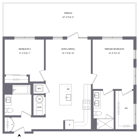 Floor plan for 2 beds, 2 baths, 1050 sqft