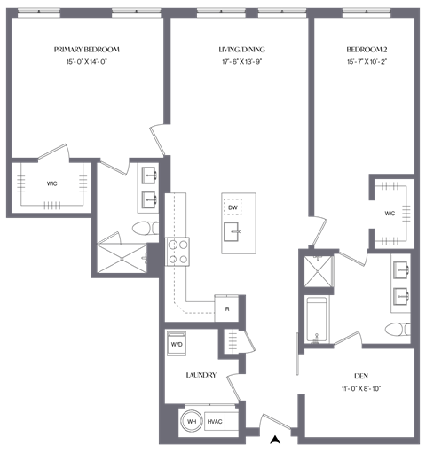 Floor plan for 2 beds, 2 baths, 1428 sqft