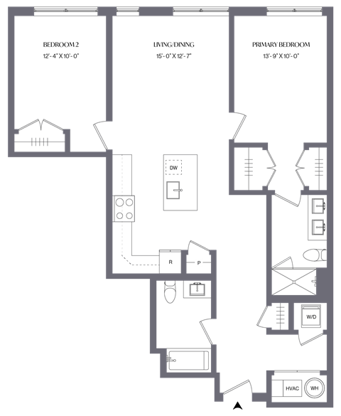 Floor plan for 2 beds, 2 baths, 1091 sqft