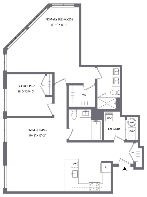 Floor plan for 2 beds, 2 baths, 1319 sqft