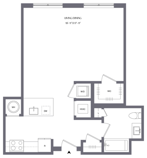 Floor plan for studio, 1 bath, 685 sqft